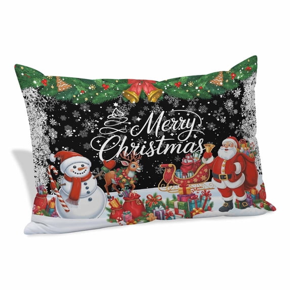 Black Christmas Pillow Covers, Linen Long Throw Pillow Case, Xmas Snowman Santa Elk Winter Snowflake Holiday Pillow Protector Decorative Cushion Cover for Living Room/Bedroom 16" x 24"