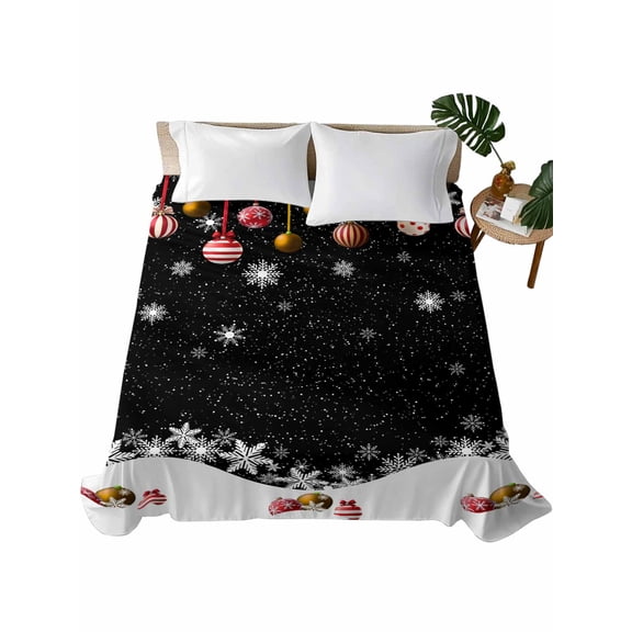 Black Christmas Queen Size Flat Sheet Only, Hotel Luxury Microfiber Bed Top Sheets, Xmas Balls White Snowflake Soft Breathable Bedding Sheet for Bedroom, Easy Care - 90" x 102"
