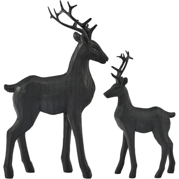Black Christmas Reindeer for Winter – Set of 2 Xmas Reindeer Figurines – Modern Black Christmas Deer Statues for Living Room, Mantel Table Christmas Decor Indoor