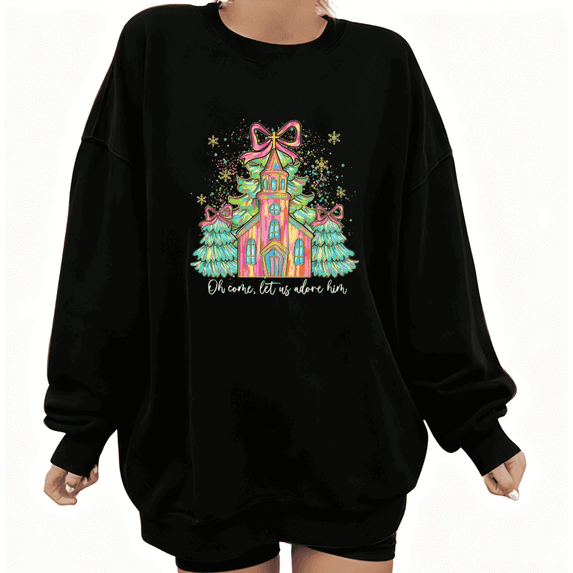Women's cotton Black Sweatshirt Graphic Tees Shirts "Oh Come Let Us Adore Him" Neon Church & Trees Art Design Tops S-3XL