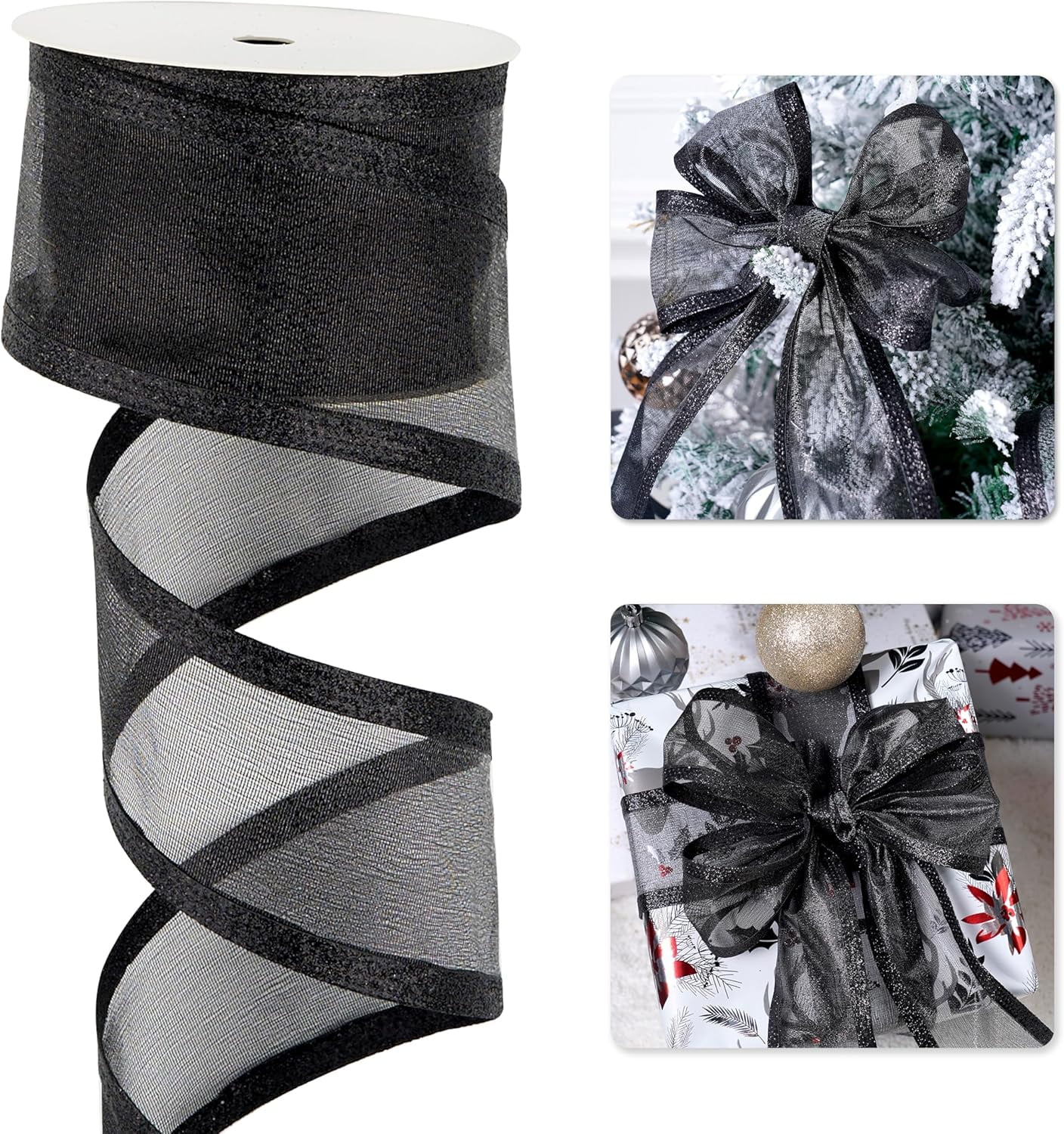 Black Christmas Ribbon Wired 2.5 Inch Metallic Black Wired Ribbon with Glitter Stripe, Ribbon for Christmas Tree, Wreaths Supplies, Swag, Garland, Halloween Decor - 10 Yards