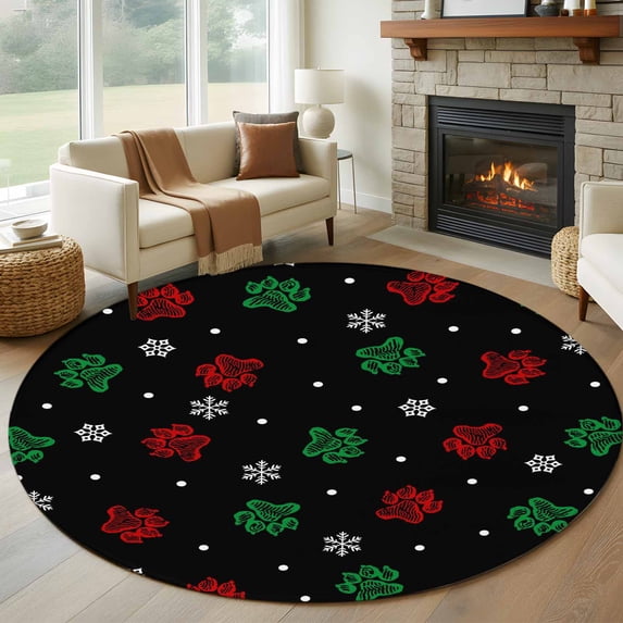 Black Christmas Round Area Rug 7Ft Washable Circle Rugs for Dorm Laundry Room, Xmas Snowflakes Pets Footprints Red Green Non-Slip Carpet Floor Mats Indoor Outdoor Carpet Runner Aesthetic Home Decor