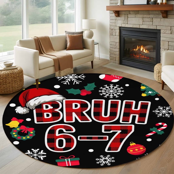 Black Christmas Round Area Rug 8Ft Washable Large Circle Rugs for Living Room Dorm, Xmas Snowflakes Trees Wreaths Bells Cartoon Non-Slip Carpet Floor Mats Indoor Outdoor Carpet Runner Home Decor