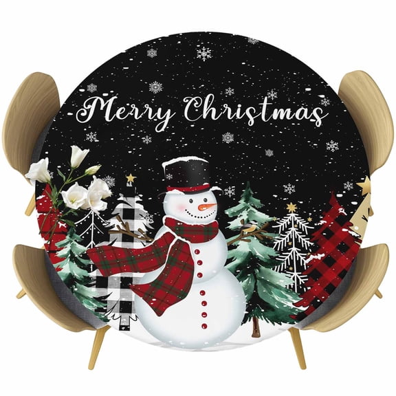 Black Christmas Round Tablecloth, Fitted Table Cover with Elastic for 36"-44" Round Tables, Snowman Plaid Xmas Tree Winter Snowflake Table Cloth Outdoor Indoor Dinning Party Waterproof Tablecloths