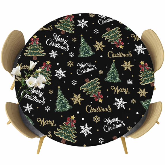 Black Christmas Round Tablecloth, Fitted Table Cover with Elastic for 36"-44" Round Tables, Winter Green Pine Tree Gold Snowflake Table Cloth Outdoor Indoor Dinning Party Waterproof Tablecloths