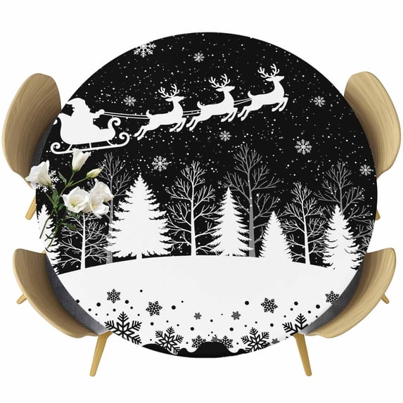 Black Christmas Round Tablecloth, Fitted Table Cover with Elastic for 36"-44" Round Tables, Xmas Elk Tree Snowflake Forest Table Cloth Outdoor Indoor Dinning Party Waterproof Tablecloths