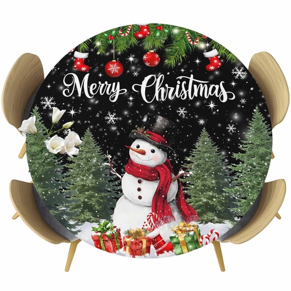 Black Christmas Round Tablecloth, Fitted Table Cover with Elastic for 36"-44" Round Tables, Xmas Tree Ball Snowflake Winter Gifts Table Cloth Outdoor Indoor Dinning Party Waterproof Tablecloths