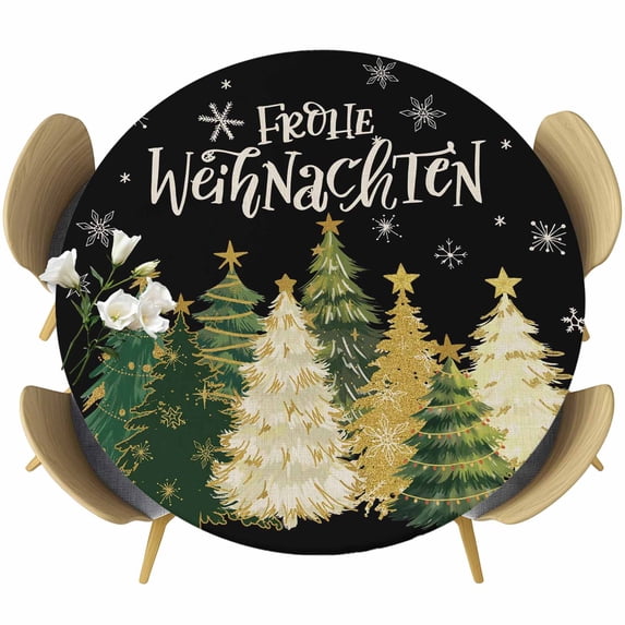 Black Christmas Round Tablecloth, Fitted Table Cover with Elastic for 36"-44" Round Tables, Xmas Tree Snowflake Farmhouse Table Cloth Outdoor Indoor Dinning Party Waterproof Tablecloths