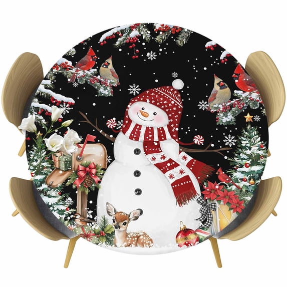 Black Christmas Round Tablecloth, Fitted Table Cover with Elastic for 45"-54" Round Tables, Red Snowman Xmas Tree Snowflake Winter Table Cloth Outdoor Indoor Dinning Party Waterproof Tablecloths
