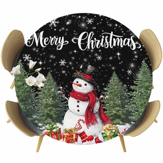 Black Christmas Round Tablecloth, Fitted Table Cover with Elastic for 45"-54" Round Tables, Snowman Xmas Tree Snowflake Winter Gifts Table Cloth Outdoor Indoor Dinning Party Waterproof Tablecloths