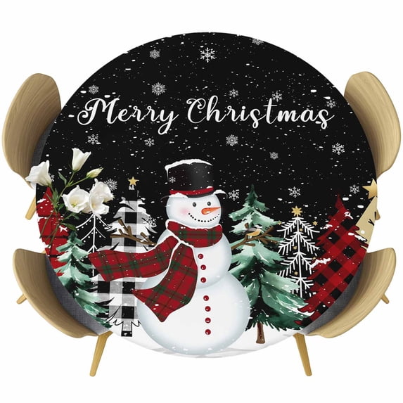 Black Christmas Round Tablecloth, Fitted Table Cover with Elastic for 55"-60" Round Tables, Snowman Plaid Xmas Tree Winter Snowflake Table Cloth Outdoor Indoor Dinning Party Waterproof Tablecloths