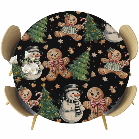 Black Christmas Round Tablecloth, Fitted Table Cover with Elastic for 55"-60" Round Tables, Xmas Tree Gingerbread Snowman Winter Table Cloth Outdoor Indoor Dinning Party Waterproof Tablecloths