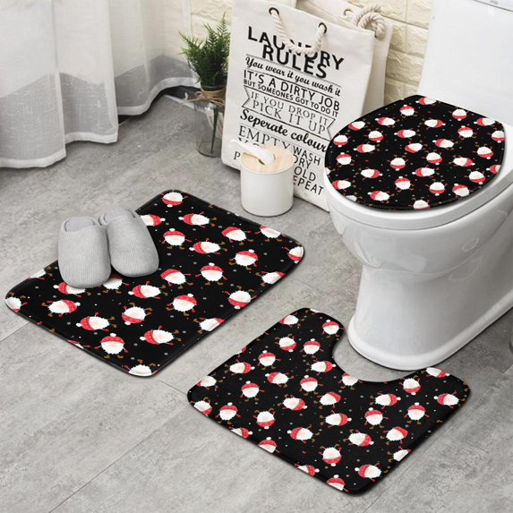 Black Christmas Santa Pattern Bathroom Rugs Sets 3 Piece,Toilet Cover Set,Absorbent Non Slip Bathroom Mats Sets with U-Shaped Contour Rug Toilet Rug Set