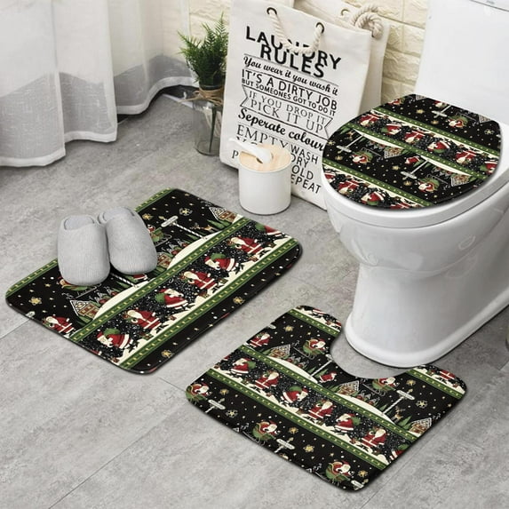 Black Christmas Santa Pattern Bathroom Rugs Sets 3 Piece,Toilet Cover Set,Absorbent Non Slip Bathroom Mats Sets with U-Shaped Contour Rug Toilet Rug Set