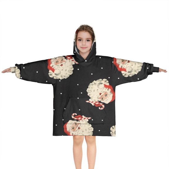 Black Christmas Santa Pattern Blanket Hoodies for Kids 6-13YR Oversize Wearable Blanket Hoodies for Boys Girls Teens
