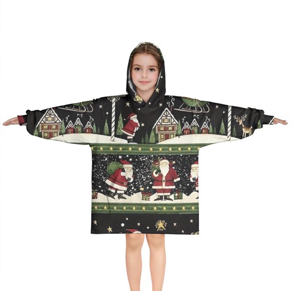 Black Christmas Santa Pattern Blanket Hoodies for Kids 6-13YR Oversize Wearable Blanket Hoodies for Boys Girls Teens