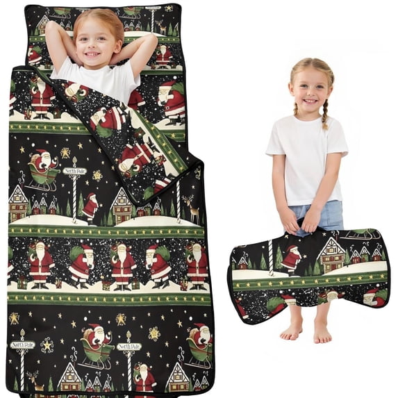 Black Christmas Santa Pattern Toddler Nap Mats for Kids Preschool,51"x22" Sleeping Mat Bag or Kids,Toddler Sleeping Bag,Toddler Nap Mat or Daycare