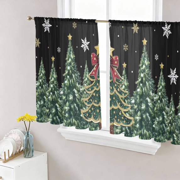 Black Christmas Sheer Curtains 45 Inch Length 2 Panels Set Window Treatments, Snowflake Xmas Christmas Tree Rod Pocket Semi Curtains for Living Room/Bedroom/Kitchen Décor, 104"W x 45"L