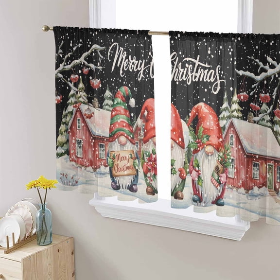 Black Christmas Sheer Curtains 45 Inches Long, Xmas Winter Gnomes Poinsettia Flower Light Filtering Window Curtains for Living Room/Bedroom, Rod Pocket Voile Sheer Curtain Drapes, 52"Wx45"L, 2 Panels