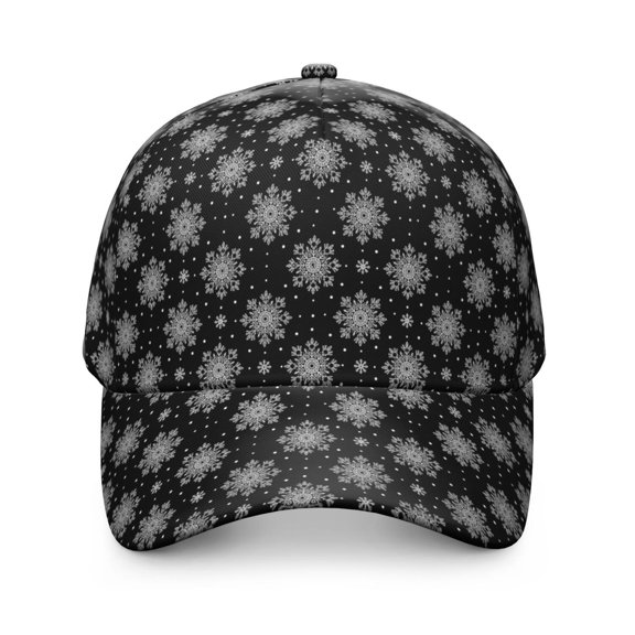 Black Christmas Snowflake Pattern Baseball Cap, Casual Daily Hat with Snap Closure & Sweatband, Lightweight Shape Retaining Gifts for Birthday Christmas Thanksgiving