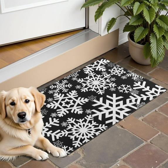 Black Christmas Snowflake Pattern Door Rugs,Washable Non Slip Door Mats Indoor,Decorative Door Mats,Entry Mat Indoor for Entrance,Bedroom,Kitchen,Bathroom,16"x24"