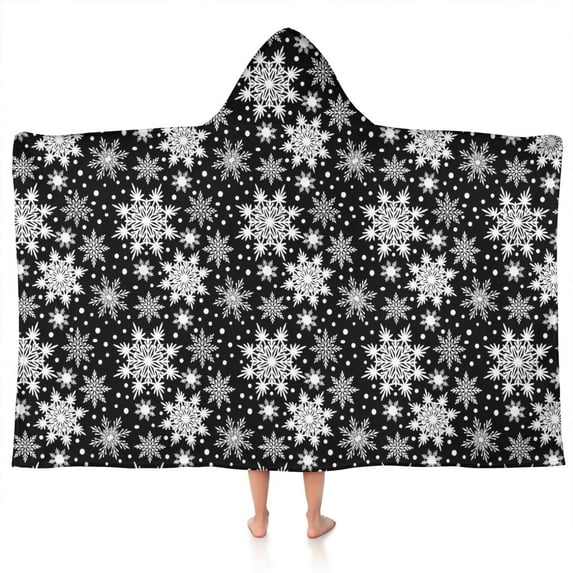 Black Christmas Snowflake Pattern Hooded Bath Towel,50"x30" for Ages 3 To 12 Kids, Quick Dry Lightweight Soft Microfiber Hood Beach Towel Cover Up for Kids