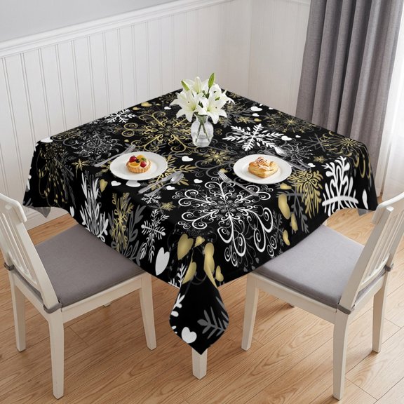 Black Christmas Snowflake Table Cloth Waterproof Tablecloths, Xmas Golden-yellow Snow New Year Tablecloth Dining Table Cover for Kitchen Party Tabletop Outdoor, Square Tablecloth 54x54 Inch