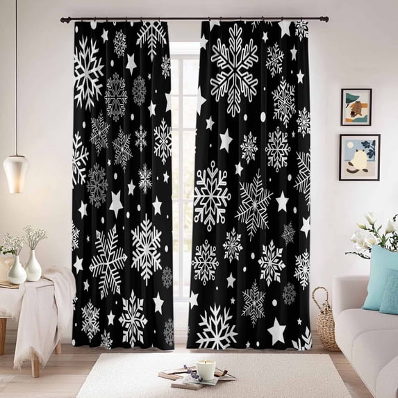 Black Christmas Snowflakes Blackout Curtains for Bedroom/Living Room, Pinch Pleated Black Out Curtains, Xmas Winter Modern Room Darkening Window Drapes with Hooks 2 Panels, 39"x70"
