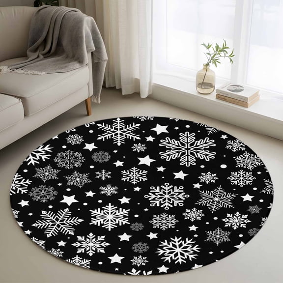 Black Christmas Snowflakes Round Area Rug 3 FT, Small Kitchen Bathroom Mat, Xmas Winter Modern Washable Indoor Outdoor Throw Runner Carpet Doormat for Table Shower Sofa Entryway
