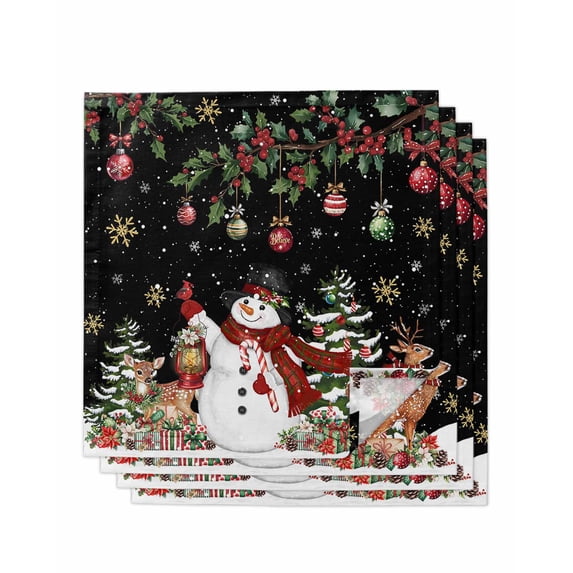 Black Christmas Snowman Cloth Napkins Set of 4 Reusable Dinner Napkins, Xmas Snowflake Elk Tree Balls Cocktail Napkin Washable Table Napkins for Wedding/Holiday Party/Baby Shower 20"x20"