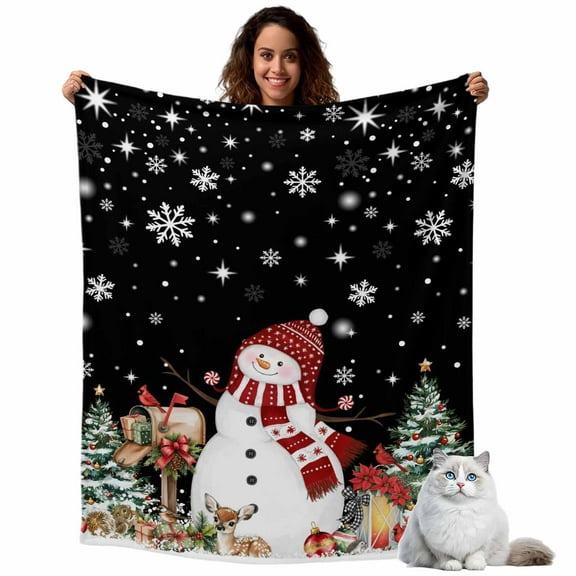 Black Christmas Snowman Flannel Blanket for Bed,Travel and Camping, Xmas Tree Elk Balls Snowflake Super Soft Cozy Blanket for All Seasons 40"x60"