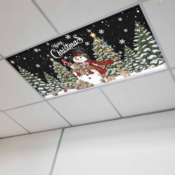 Black Christmas Snowman Fluorescent Light Covers, Xmas Tree Snowflake Botanical Magnetic Light Covers for Ceiling Lights, Fluorescent Ceiling Shade Filters for Classroom Bedroom Office 4x2Ft x 1PCS