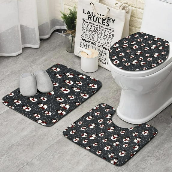Black Christmas Snowman Pattern Bathroom Rugs Sets 3 Piece,Toilet Cover Set,Absorbent Non Slip Bathroom Mats Sets with U-Shaped Contour Rug Toilet Rug Set