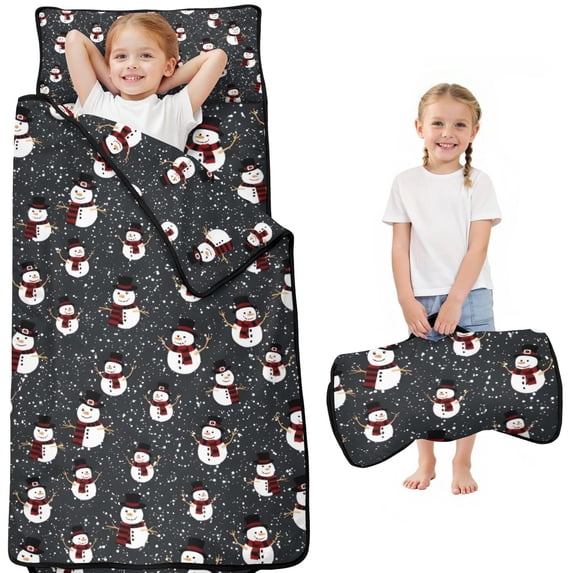 Black Christmas Snowman Pattern Toddler Nap Mats for Kids Preschool,50"x20" Sleeping Mat Bag or Kids,Toddler Sleeping Bag,Toddler Nap Mat or Daycare