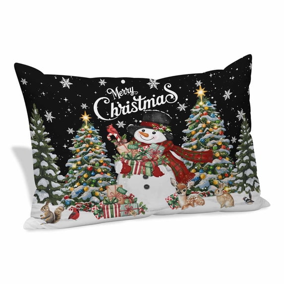 Black Christmas Snowman Pillow Covers, Linen Long Throw Pillow Case, Xmas Tree Snowflake Botanical Holiday Pillow Protector Decorative Cushion Cover for Living Room/Bedroom 16" x 24"