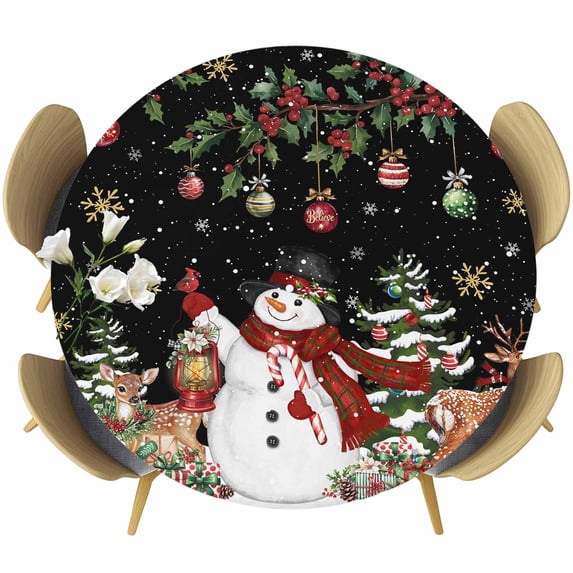 Black Christmas Snowman Round Tablecloth, Fitted Table Cover with Elastic for 55"-60" Round Tables, Xmas Snowflake Elk Tree Balls Table Cloth Outdoor Indoor Dinning Party Waterproof Tablecloths