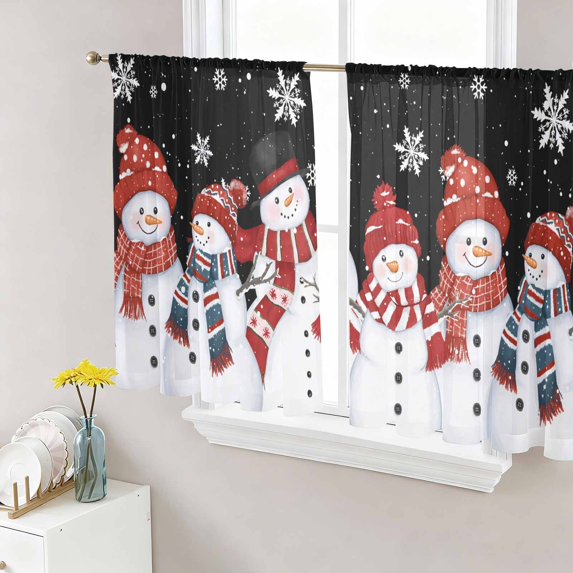 Black Christmas Snowman Sheer Curtains 54 Inch Length 2 Panels Set, Snowflake Winter Voile Window Treatment Rod Pocket Short Kitchen Curtains Drapes for Bedroom 52"x54"x2