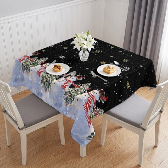 Black Christmas Snowman Table Cloth Waterproof Tablecloths, Winter Xmas Tree Snowflakes Tablecloth Dining Table Cover for Kitchen Party Tabletop Outdoor, Square Tablecloth 60x60 Inch