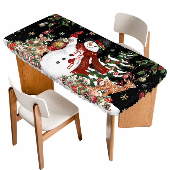 Black Christmas Snowman Table Cloths for 4 Foot Rectangle Tables, Xmas Snowflake Elk Tree Balls Patio Waterproof Elastic Fitted Tablecloths, Washable Rectangular Table Cover for Camping