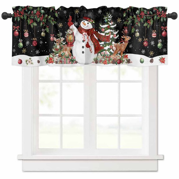 Black Christmas Snowman Valances for Windows, Xmas Snowflake Elk Tree Balls Light Filtering Window Treatment Valances, Rod Pocket Small Curtains for Kitchen/Bathroom, 56"x16"