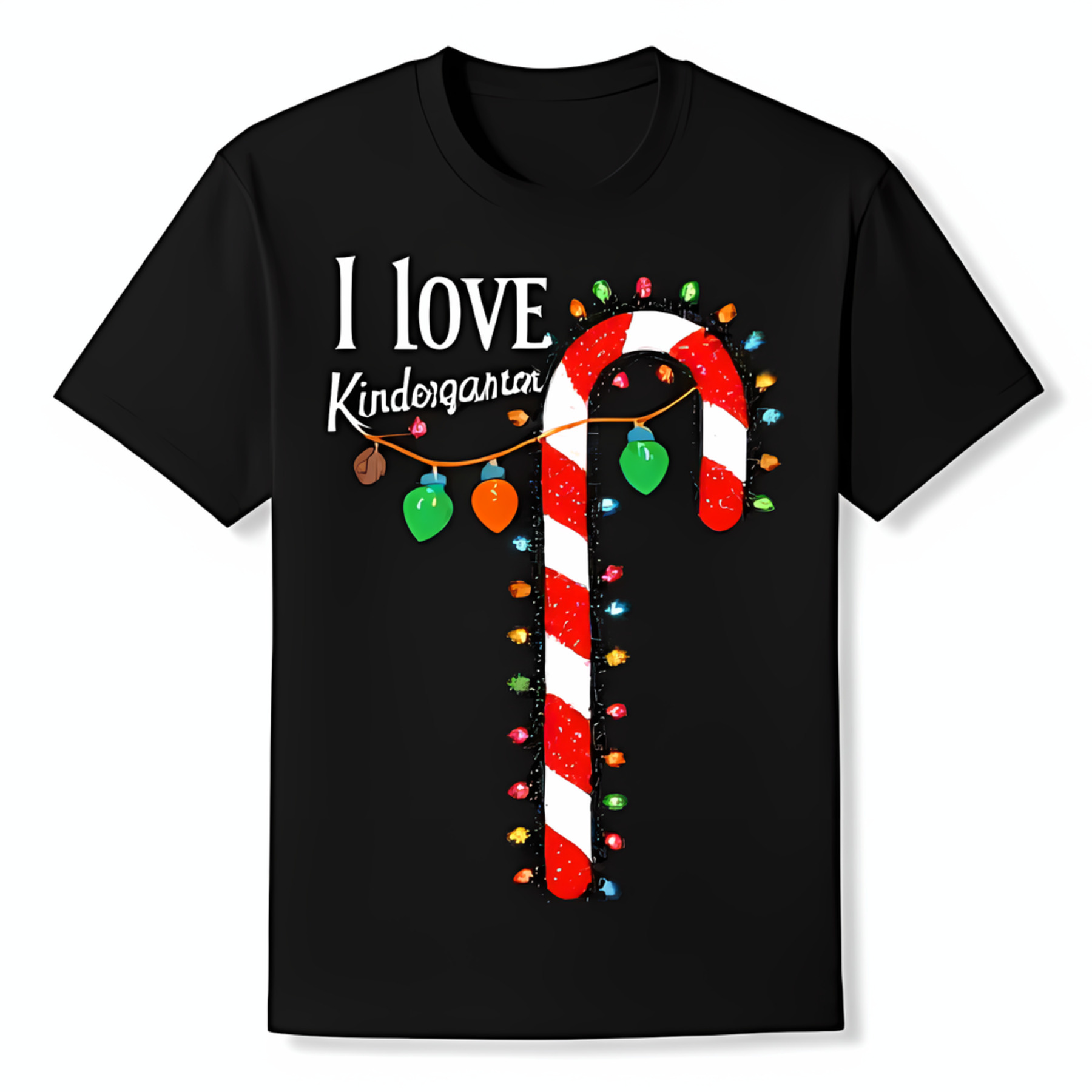 Black Christmas TShirt I LOVE Kindergarten with Candy & Lights Design
