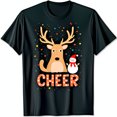 Black Christmas TShirt with Cartoon Reindeer & Snowman Design CHEER