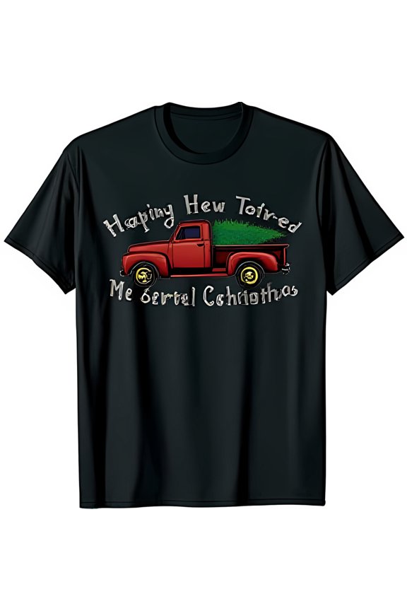 Black Christmas T-Shirt with Red Pickup Truck & Tree Happy Hew Toived Design