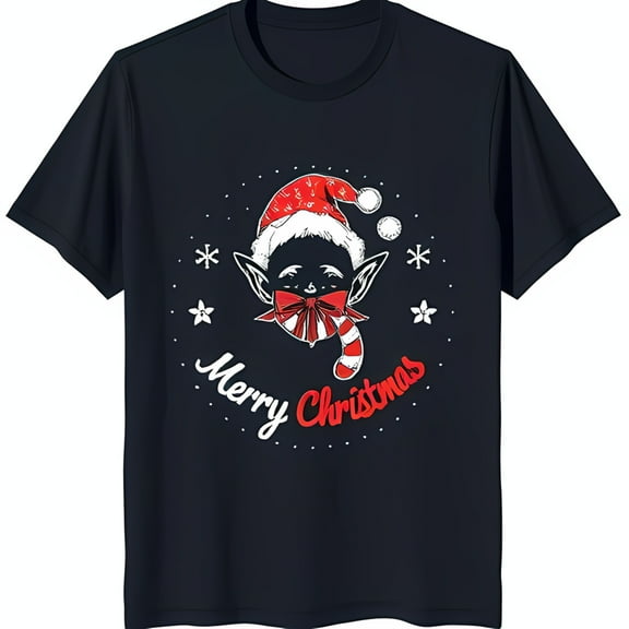 Black Christmas T-Shirt with Santa Hat Candy & Snowflakes Merry Christmas Design