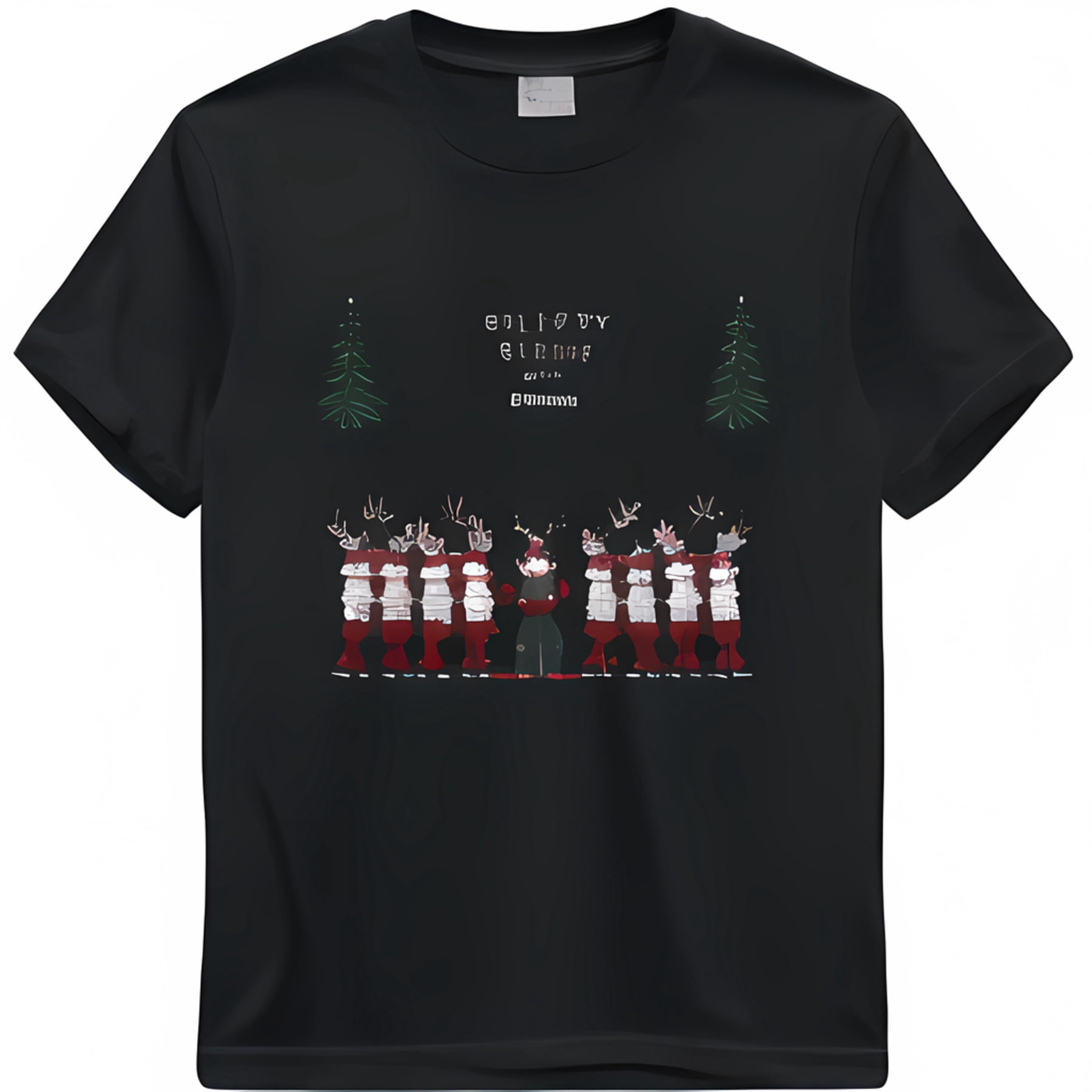 Black Christmas TShirt with Santa Reindeer and Elves Art Design 'G inT