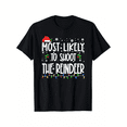 thumbnail image 1 of Black Christmas TShirt with Santa Hat Snowflakes and Most Likely to Shoot the Reindeer Text Unisex Tee, 1 of 6