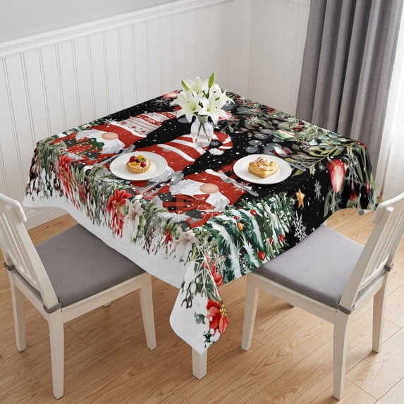 Black Christmas Table Cloth Waterproof Tablecloths, Gnomes Xmas Tree Poinsettia Eucalyptus Tablecloth Dining Table Cover for Kitchen Party Tabletop Outdoor, Square Tablecloth 60x60 Inch