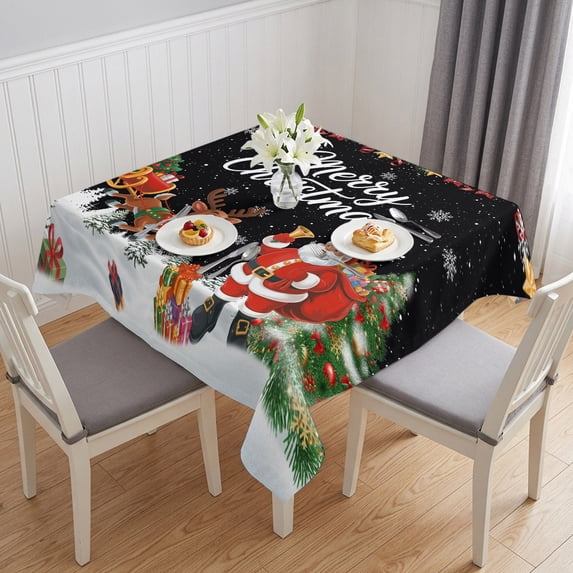 Black Christmas Table Cloth Waterproof Tablecloths, Santa Elk Gifts Snowflake Winter Xmas Tree Tablecloth Dining Table Cover for Kitchen Party Tabletop Outdoor, Square Tablecloth 54x54 Inch