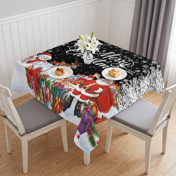 Black Christmas Table Cloth Waterproof Tablecloths, Xmas Snowman Santa Elk Winter Snowflake Tablecloth Dining Table Cover for Kitchen Party Tabletop Outdoor, Square Tablecloth 54x54 Inch