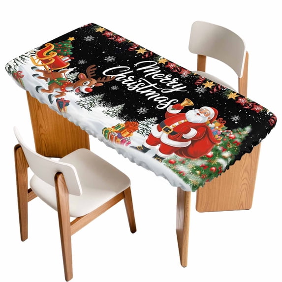 Black Christmas Table Cloths for 3 Foot Rectangle Tables, Santa Elk Gifts Snowflake Winter Xmas Tree Patio Waterproof Elastic Fitted Tablecloths, Washable Rectangular Table Cover for Camping